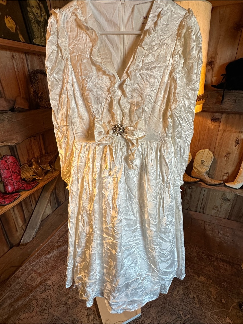 Sister Jane Cream Crushed-Satin Long Sleeve V-Neck Dress with Brooch